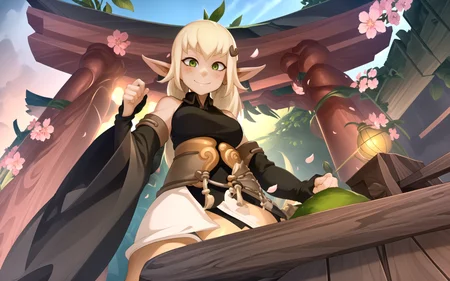 (masterpiece, best quality, highres), perfect lighting,
1girl, evangelyneold, elf, dancing, view from below, dofus, japanese clothes, shrine maiden, pointy ears, hair ornament, long hair, looking at viewer, solo, happy,
festival, sunray, sakura, sakura petals, flowing pink sakura petals, japanese temple, spring, japanese decoration, leaf, ivy, wallpaper, ((empty)), (landscape), rock, nature, plant, extremely detailed environnement, hanabi flower, distant waterfall, (excessive plant), green plant everywhere, loaded, mystical, red glowing flower, glowing sakura petal, blue water, smile, ultra wide angle, ((ultra wide angle)), (depth of field), (((game cg)))
<lora:krekkovV2_e8:0.6> <lora:epiNoiseoffset_v2:0.5> <lora:Evangelynev1:1>