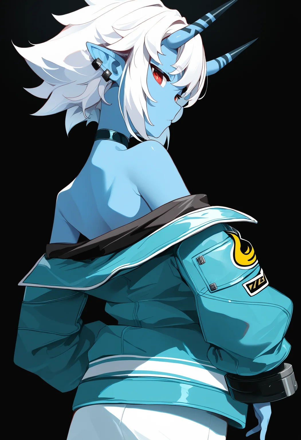 score_9, score_8_up, score_7_up, masterpiece, best quality,
soukaku \(zenless zone zero\), blue oni, black horns, horn markings, skin-covered horns, colored skin, blue skin, solo, red eyes, white hair, pointy ears, jacket, 1girl, green jacket, looking at viewer, looking back, short hair, oni girl, choker, jewelry, back, off shoulder, black choker, earrings, from behind, bare shoulders, ear piercing, oni, back focus, half-closed eyes, piercing, long sleeves, shirt,
black background, atmospheric,
cowboy shot
<lora:oni_girl_concepts_v2:1>