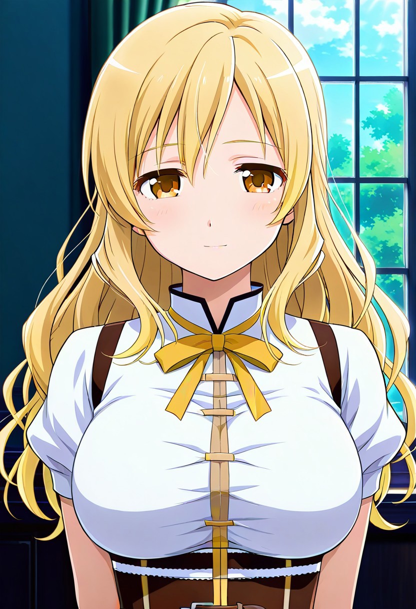 absurdres, best quality, masterpiece, amazing quality, highres, newest, detailed, source anime, anime coloring, beautiful, 
BREAK
1girl, solo, KijHyou, brown eyes, blonde hair, long hair,, wavy hair, light smile, light blush, looking at viewer,
BREAK
cosplay, tomoe mami