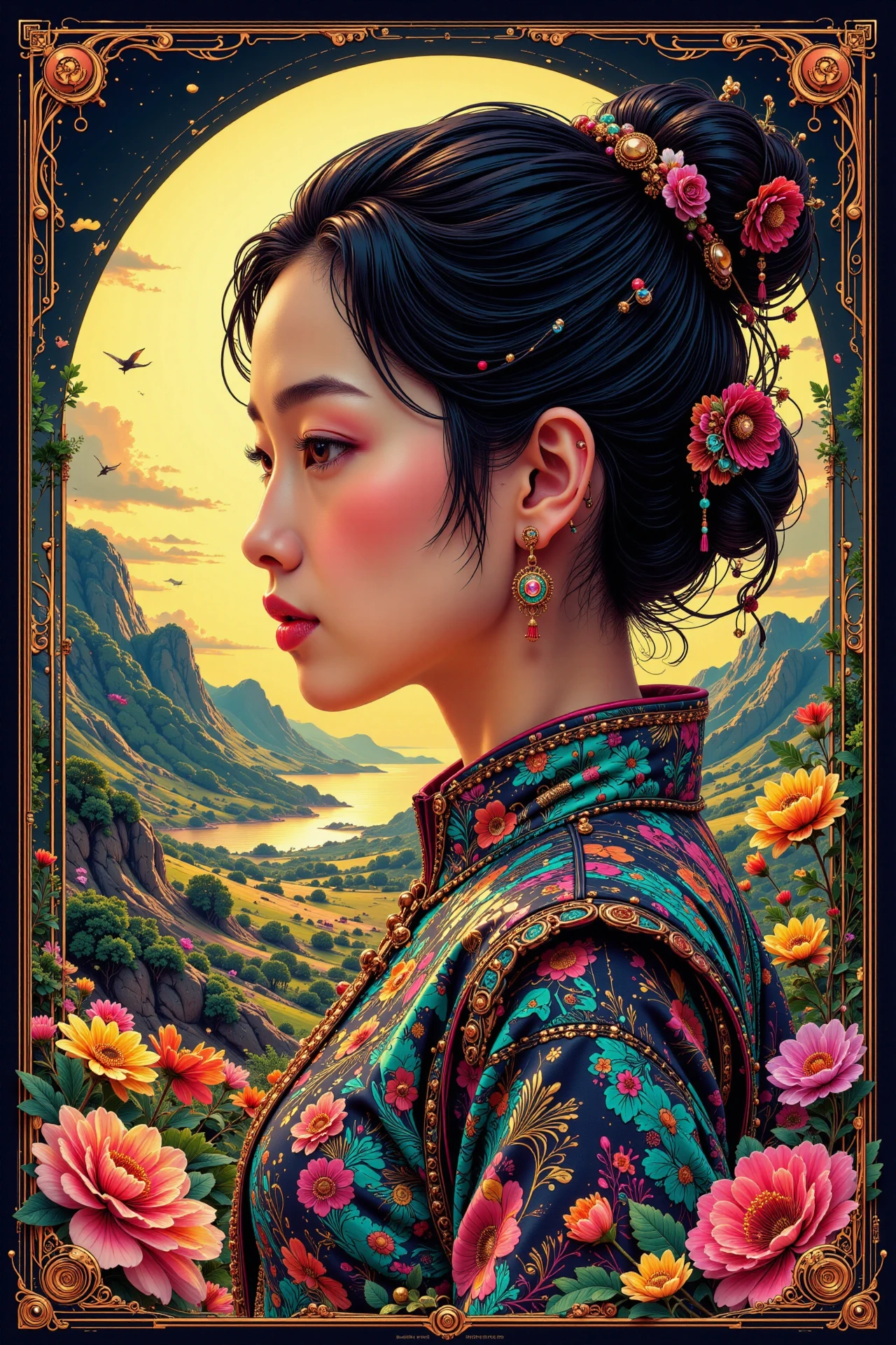 Lao beautiful  landscape, golden hour, woman, very intricate, very detailed, sharp, bright, colorful, <lora:Hand v2:0.5> <lora:Anti-Blur:1><lora:Insane Detail Slider:0.25>  <lora:flux.1_lora_flyway_Epic-detail_v2:0.3> <lora:fluxenhancer:0.25> <lora:ck-Neon-Retrowave:0.4> ck-rw, in the style of ck-rw,  <lora:Neurocore Anime Cyberpunk:0.8> A digital artwork in the style of cknc
