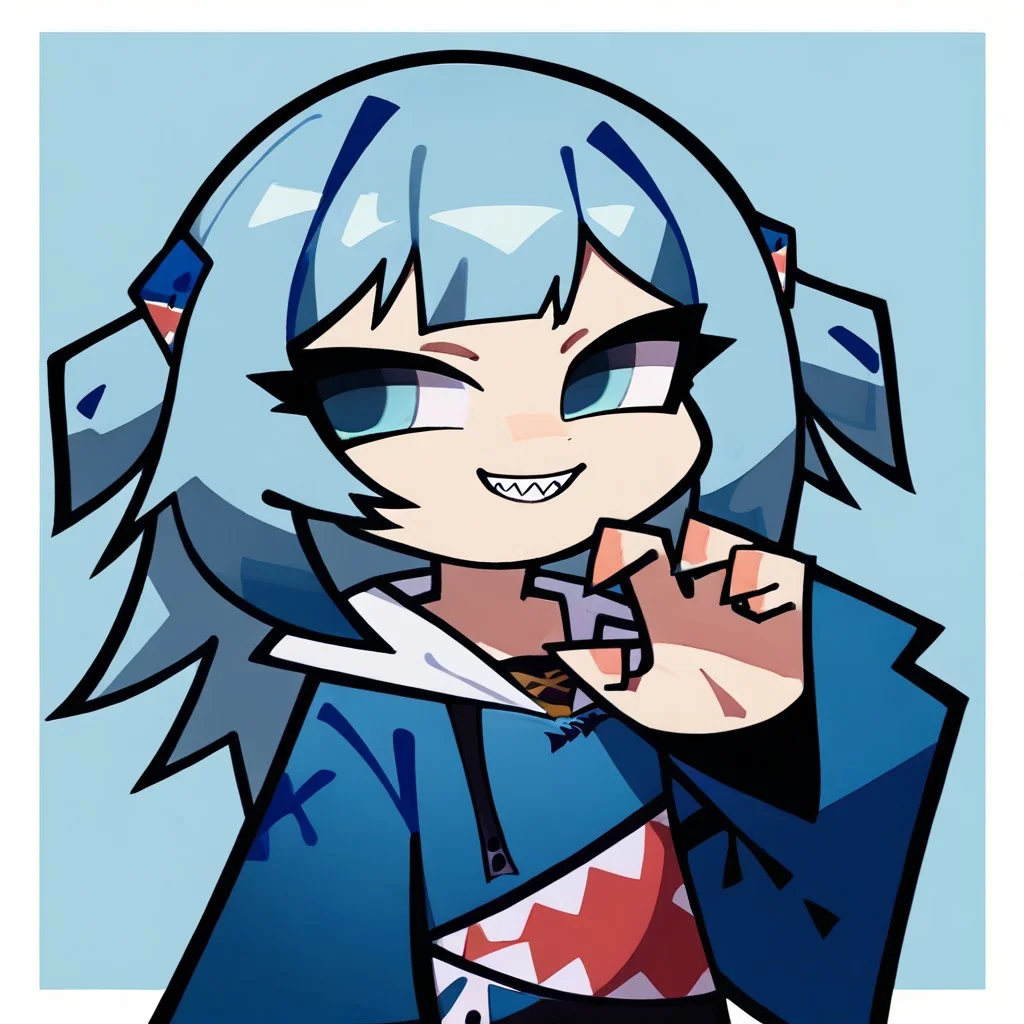 score_9, score_8_up, Zenless_Zone_Zero, simple background, light blue background with white border, no logo
1girl, solo, looking to viewer
gawr gura, blue hoodie, two side up, shark hair ornament, shark tail, sharp teeth, smile, tall, blue eyes
claw pose
