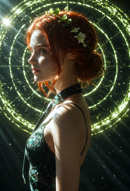 score_9, score_8_up, score_7_up, Expressiveh, EYESHD, from below, looking at viewer, arms crossed, 1girl, young woman, redhead, stacked bob, butterfly face, smirk, green eyes, animal collar, textured skin, fuchsia lycra/spandex backless dress, refraction of light, big white glowing circle on background, black textured background, Expressiveh, EYESHD, from below, looking at viewer, arms crossed, 1girl, young woman, redhead, stacked bob, butterfly face, smirk, green eyes, animal collar, textured skin, fuchsia lycra/spandex backless dress, refraction of light, big white glowing circle on background, black textured background, beautiful detailed intricate highly coherent colorful, lovely surreal attractive futuristic depicted, stunning massive shiny magical atmosphere, sharp focus, epic cinematic, fine detail, professional composition, ambient dynamic illumination, magic, very inspirational, excellent color, artistic, mystical, scenic, vibrant, perfect, illuminated, best, gorgeous, dramatic, great balance, quality, clear, fascinating, exciting, novel