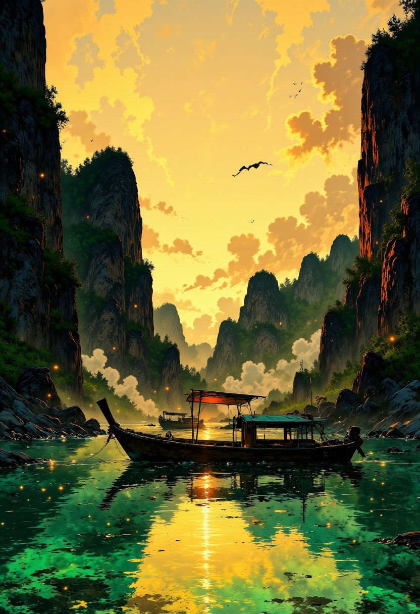 Thai Paradise Cove – Limestone Cliffs & Sunset Reflections
"A hidden tropical cove in Thailand, surrounded by towering limestone cliffs bathed in golden light. The emerald water reflects the warm hues of the sky, creating a mesmerizing gradient of color. Traditional long-tail boats float peacefully in the shallow bay, their wooden hulls glowing in the fading sunlight."