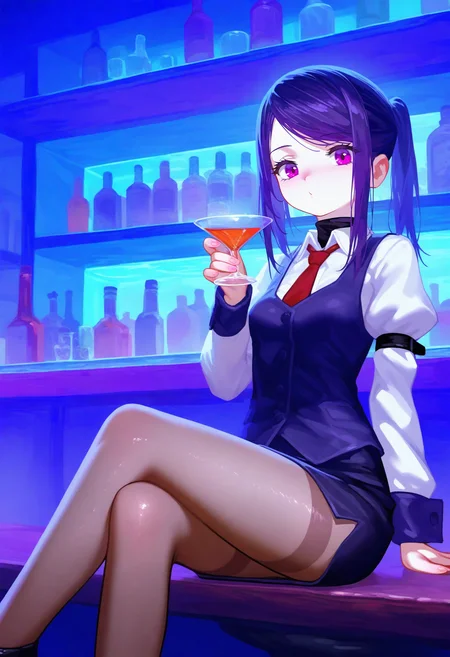 masterpiece, best quality, good quality, very awa, fltccktl,
jill stingray, 1girl, bar \(place\), bartender, black footwear, black hair, breasts, brown pantyhose, cocktail, cocktail glass, crossed legs, cup, cyberpunk, drinking glass, feet out of frame, fingernails, high heels, juliet sleeves, legs, long legs, long sleeves, looking at viewer, medium hair, miniskirt, necktie, on table, pantyhose, pantyhose under shorts, thighband pantyhose, pencil skirt, puckered lips, puffy sleeves, purple eyes, red necktie, see-through clothes, see-through legwear, shirt, shorts, shorts under skirt, side slit, sitting, skirt, small breasts, solo, swept bangs, table, thighs, turtleneck, vest, waistcoat, white shirt, holding, shiny pantyhose,
<lora:ai_styles_collection_noob_vpred-0.6_v3:1>