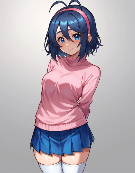 zPDXL, score_9, score_8_up, score_7_up, score_6_up, score_5_up, score_4_up, 1girl, solo,
<lora:Daikin_v1-18:1> dkn, medium breasts, dark blue hair, medium hair, antenna hair, dark blue eyes, pink hairband, pink sweater, turtleneck, blue skirt, pleated skirt, white socks, thighhighs, skindentation, blush, light smile, looking at viewer, arms behind back