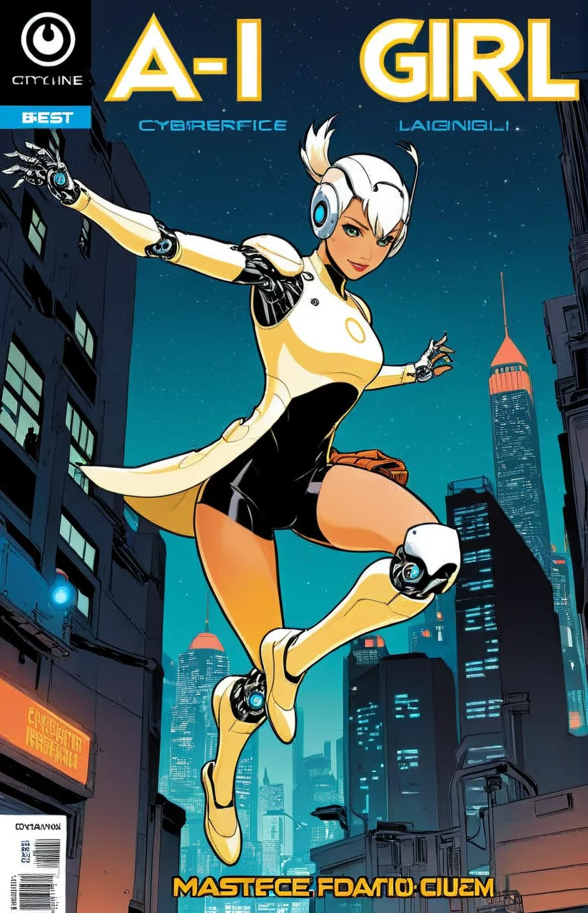 a comic book cover of a cybernetic heroiene jumping into action, city, text " AI-Girl" , outline, best quality, masterpiece, <lora:cbcmkrsdxl:1>, cbcmkrsdxl, dark, night, image comics logo