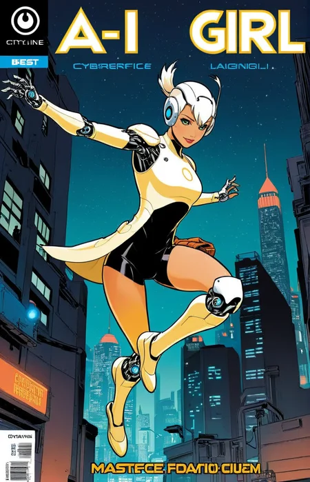 a comic book cover of a cybernetic heroiene jumping into action, city, text " AI-Girl" , outline, best quality, masterpiece, <lora:cbcmkrsdxl:1>, cbcmkrsdxl, dark, night, image comics logo
