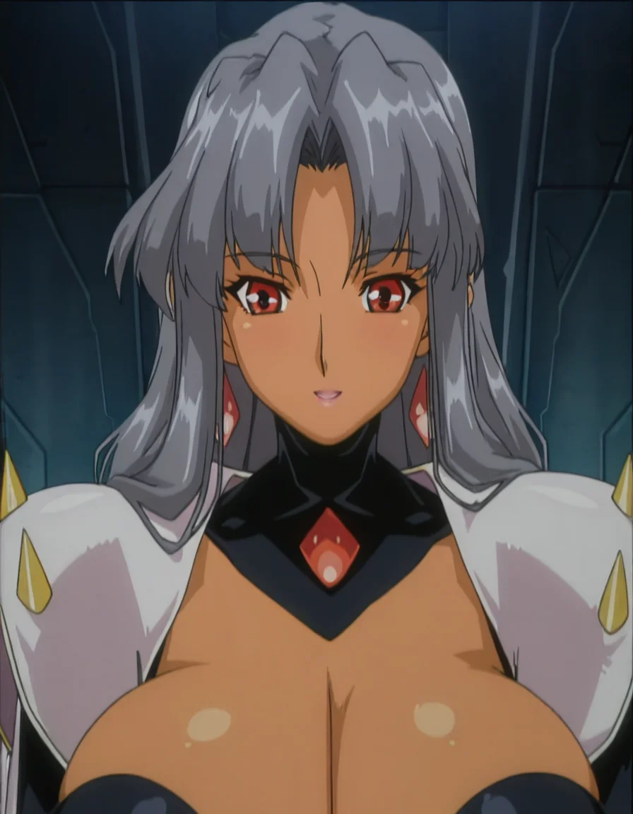 Phantom Lady, long grey hair, red eyes, clothes, massive breasts, close up face