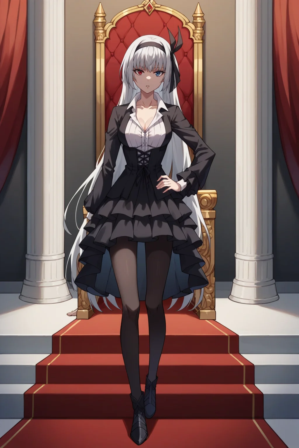 score_9,score_8_up,score_7_up,score_6_up,source_anime, prefect lighting, very aesthetic, intricate details, highly detailed background, masterpiece, high quality, prefect hands, best quality, solo, 1girl,
<lora:Luminous_Valentine_Tensura_V1_r1:.85>white hair, heterochromia, red eyes, blue eyes, long hair, head band,
black frilled dress, goth short dress, white collared shirt, black pantyhose, collarbone, open collar, 
standing, looking at viewer, expressionless, parted lips, hand on own hip,
throne room, throne, red carpet, stairs, pillars, curtains,
(Beautiful, medium Breasts:1.2), natural breasts,