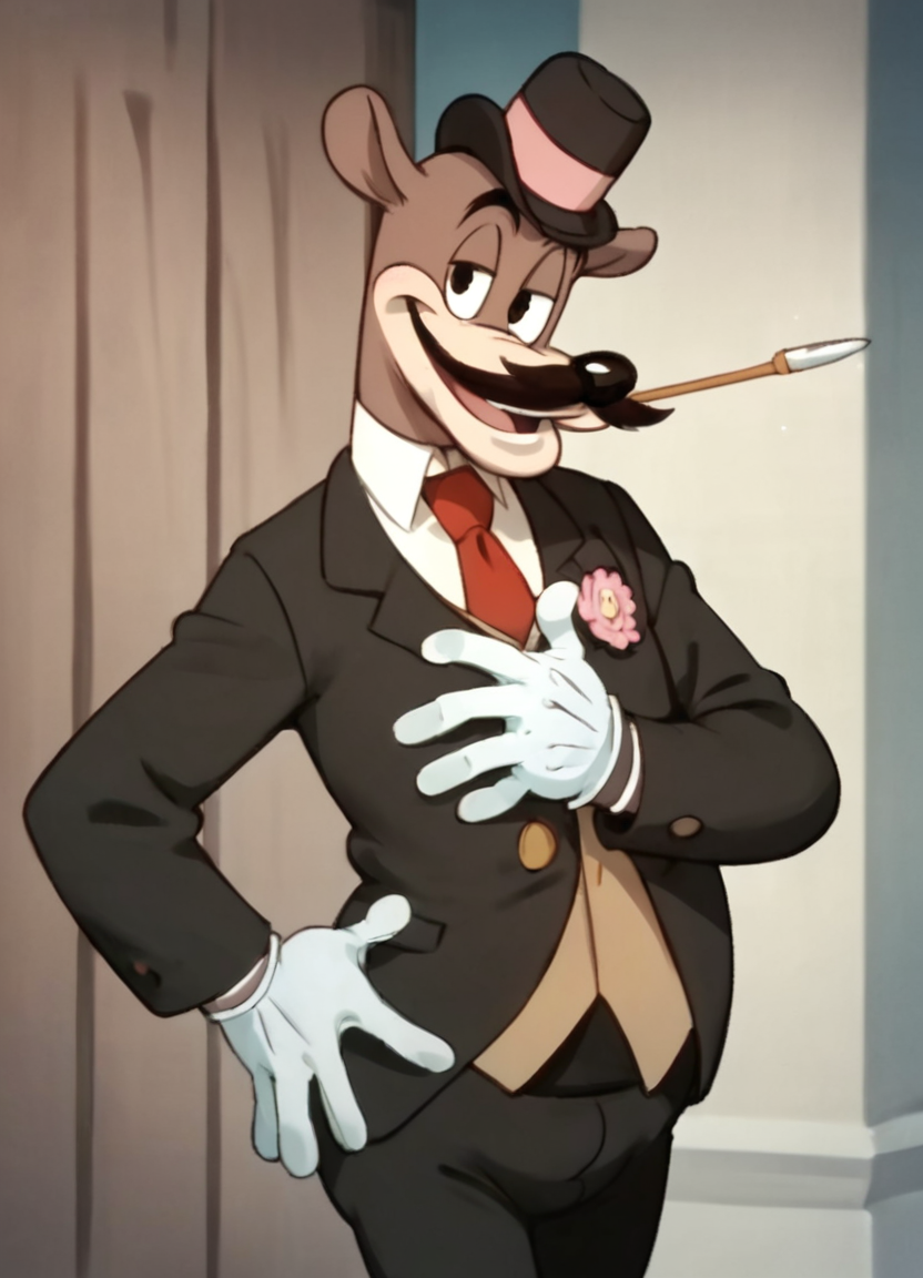 <lora:Honestjohngusherpony1.0:0.5> honest john gusher, smile, solo, 1boy, male focus, hat, suit, gloves, furry male, mustache, necktie, standing, score_9, score_8_up, score_7_up, score_6_up, score_5_up, score_4_up, looking at viewer, hand on own hip, cowboy shot,