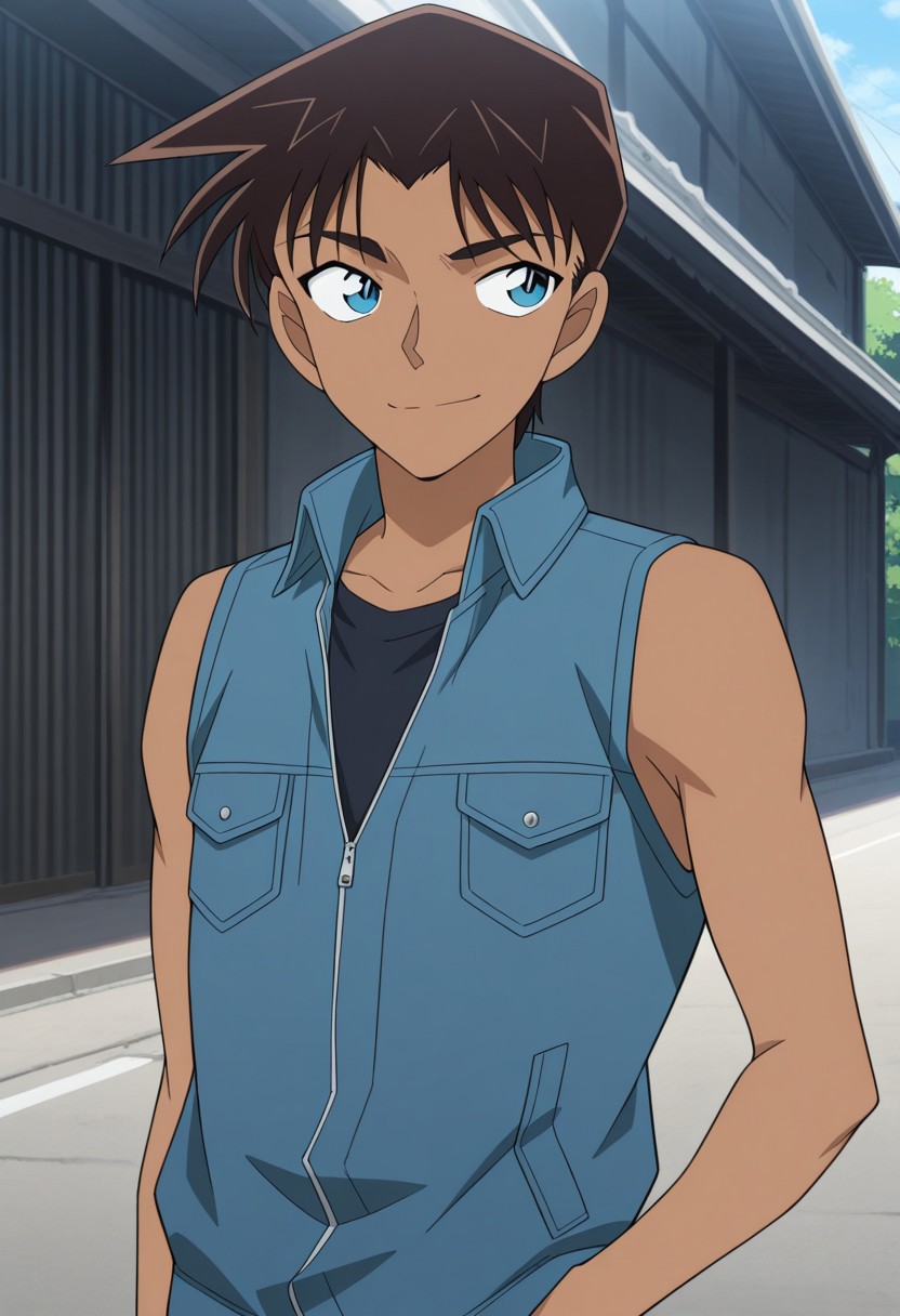 masterpiece,best quality,amazing quality, source_anime,
heijihattori, 1boy, male focus, solo, dark skin, dark-skinned male, blue eyes, brown hair, jacket, sleeveless, upper body, smile, outdoor,