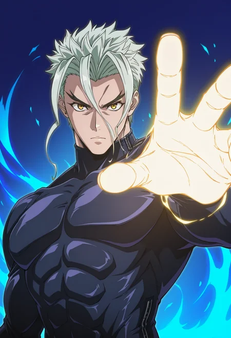 masterpiece, best quality, newest, absurdres, highres, very detailed,
muscular male, 
 foreshortening, outstreched hand, hand towards viewer, open hand, glowing hand, outstreched arm, looking at viewer, upper body, magic, strong wind, glowing outline,<lora:[Char - IL] Tenjou Tenge - Mitsuomi Takayanagi (v1-R2-E16):0.8> mitsuomi_takayanagi, bodysuit, YELLOW eyes, WHITE hair,
