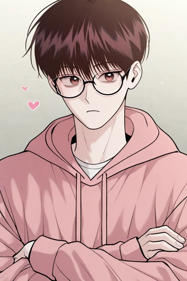 score_9, score_8_up, score_7_up,score_6_up,score_5_up,score_4_up,source_anime,BREAK, rating_safe, intricate details , , , anime screencap, anime coloring, official style, depth of field,1boy, solo, male focus , , , <lora:yo_il:0.90>,won yo il,dark brown hair,brown eyes,short hair,looking at viewer, simple background, shirt, long sleeves, closed mouth, upper body, heart, glasses, hood, sleeves past wrists, book, hoodie, hood down, crossed arms, black-framed eyewear, round eyewear, pink hoodie , , , <lora:sdxl_lightning_8step_lora_315544:1>