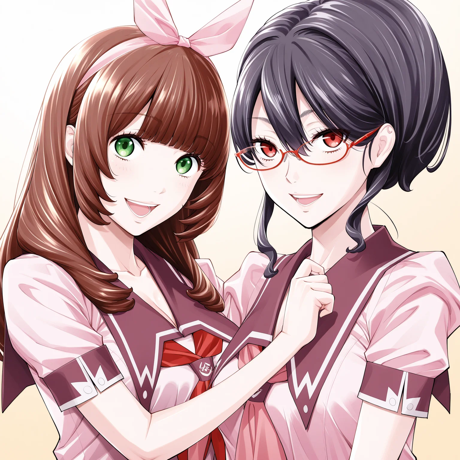 ultra-detailed,detailed face, score_9, score_8_up, score_7_up, source_anime,(extremely detailed CG), (best quality),
2girls ,
{2girls,multiple girls,},BREAK,
{2girls, chitose,long hair,green eyes,brown hair, hair bow,School uniform,Smile,upper body, pink shirt, short sleeves, neckerchief, pleated skirt, looking at viewer, open mouth,},BREAK,
{2girls, mika,glasses,ponytail,Smile,RED eyes,RED-FRAMED EYEWEAR,School uniform,Smile,upper body, pink shirt, short sleeves, neckerchief, pleated skirt, looking at viewer, open mouth,black hair },
<lora:seto_yuuki_chitose:0.9>