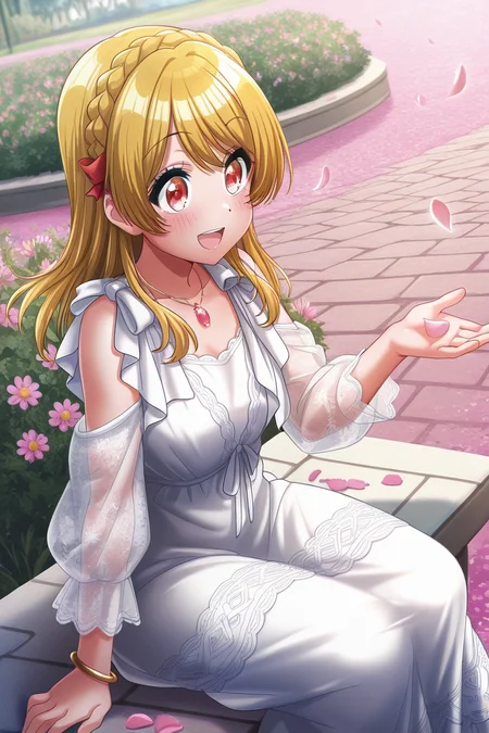 masterpiece, best quality, amazing quality,
<lora:RinkuV2_IL:1> rinku, 1girl, dress, blonde hair, solo, petals, flower, outdoors, sitting, white dress, braid, red eyes, jewelry, smile, open mouth, see-through sleeves, day
