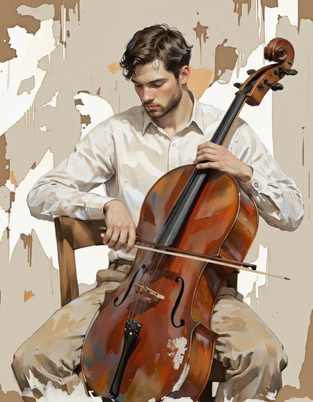 Ablatamahota style. A realistic digital illustration shoot from a side angle about a young man playing the cello, seated in a contemplative pose against a grungy background with peeling paint. the image also shows a watermark in the bottom right corner. on the middle of the image, a 19-24 year old man with light skin, dark hair, and a beard appears to be playing a cello. he is sitting on a wooden chair, wearing a white button-down shirt and khaki pants. he has a serious expression on his face and is focused on playing the instrument.