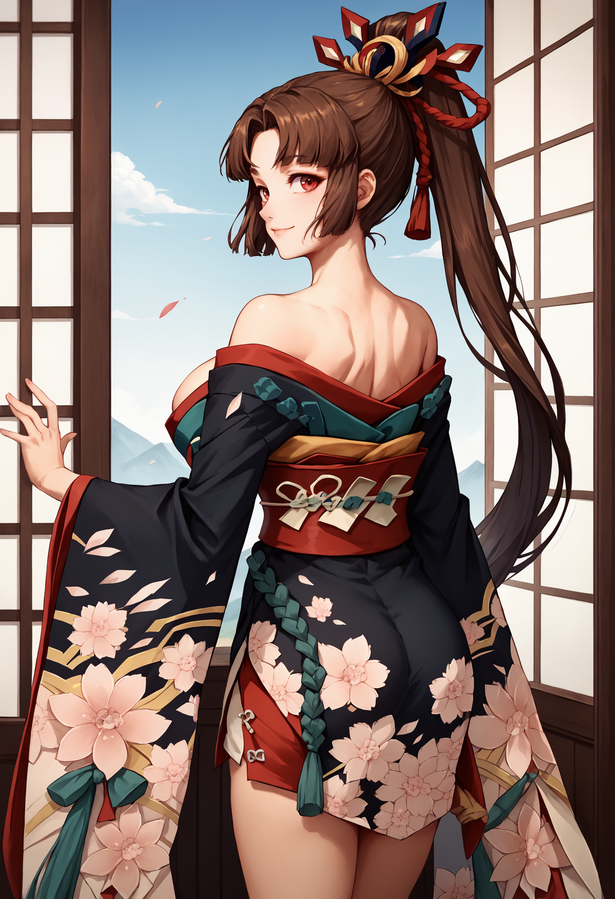 score_9, score_8_up, score_7_up,  1girl, solo, yotokta, long ponytail, hair ornament, off-shoulder kimono, black kimono, cleavage, sash, floral print, brown hair, red eyes, very long hair, <lora:Yotohime-stack-2:1>, hand on one hip, smile, short skirt,  curvy, large breasts, from behind, ass, bare back, cowboy shot, upper body focus,