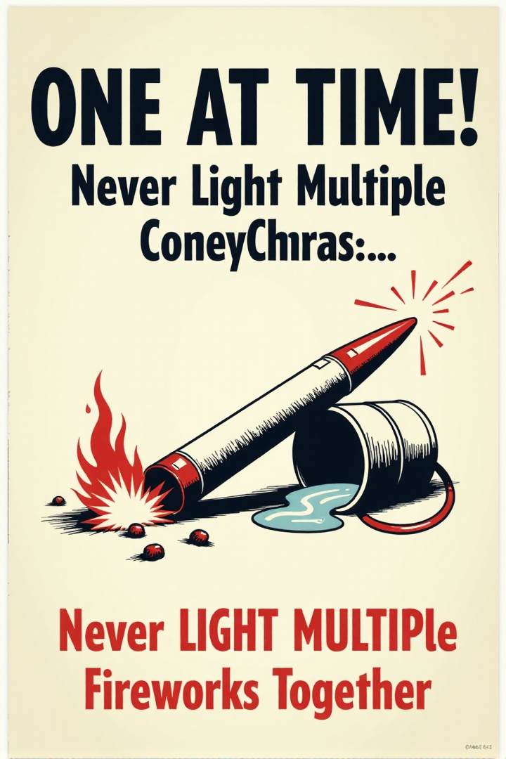 A vintage poster with a clear, simple illustration of a firework rocket lying horizontally on the ground next to a tipped-over bucket of water. Flames are subtly depicted near the rocket. Bold, black text on a white background warns: "ONE AT A TIME! Never Light Multiple Fireworks Together." Emphasize the potential for chaos and danger with multiple ignitions.  <lora:REMEs_War_Poster_Style:0.95> In REME's War Poster Style,âââ