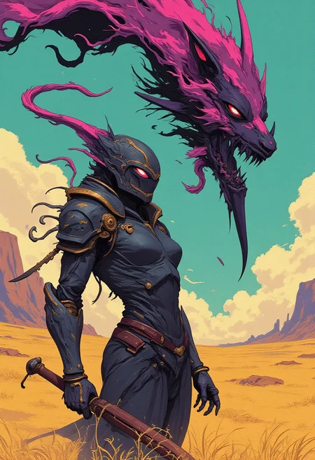 Action Pose Upper Body Shot, sftsrv style illustration, Yellow Green pink Neon Pop-Art, simplified, action Scene, bold lines, a Closeup Portrait of an eerie inspired hkmecha intricate designed knightess helmet, very detailed outworn helmet, shaded eyes, eye-trails, 
Vibrant Colorful Realistic analog photo, very detailed, hyper detailed, photorealistic, hyperdetailed, uhd, 4k, extreme closeup Face Portrait, extreme face closeup, head focus, Realistic analog photo, awesome, high Quality, photorealistic, atmospheric lighting, volumetric lighting, cinematic, Epic Film Quality, A buxom witch stands in the midst of a ferocious DARK sandstorm amidst a Desert night, her tattered robe barely clinging to her body, revealing glimpses of her sweat-slicked skin. With one hand raised, she conjures a colossal, ancient vibrant black negativ luminous light spell from the swirling dust, its ethereal ghostly form towering above, terrifying and awe-inspiring. The hkmagic witch’s face is shrouded in the shadows of her hood, adding an air of dark mystery. The colorful Flower meadow landscape around her is cloaked in a dusty, dystopian atmosphere, with the sun obscured by the storm. The only light breaking through the chaos is the glowing DARK turquoise and pink aura of her powerful spell, casting an eerie illumination over the scene.