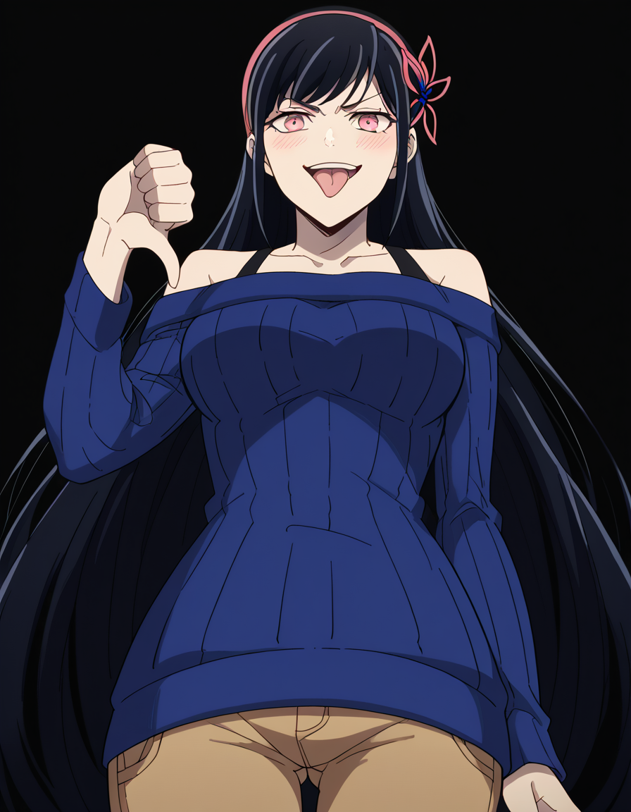 score_9, score_8_up, score_7_up, source_anime, <lora:yihwa-yeon-s2-ponyxl-lora-nochekaiser:1>, yihwa yeon, long hair, bangs, black hair, hair ornament, pink eyes, very long hair, hairband, large breasts,, long sleeves, bare shoulders, collarbone, off shoulder, sweater, butterfly hair ornament, off-shoulder sweater, train station, trains, platform, passengers, travel, , <lora:thumbs-down-ponyxl-lora-nochekaiser:1>, thumbs down, blush, from below, smug, tongue, tongue out, open mouth, black background, looking at viewer, solo,, dutch angle, cowboy shot