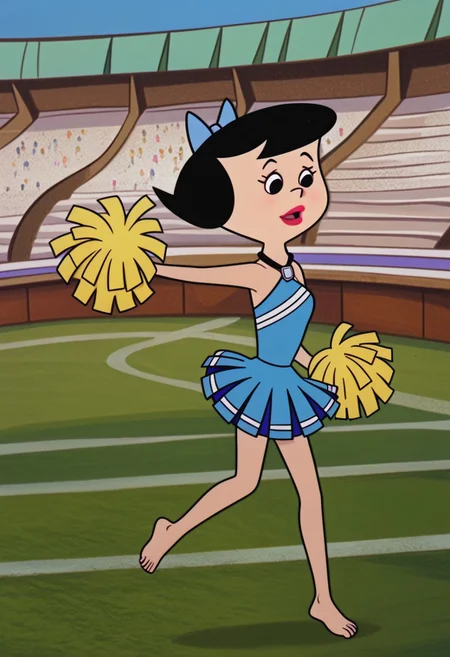 masterpiece, best quality, amazing quality, very aesthetic, Betty Rubble, slim body, slender, fair skin, short hair, black hair in a bob, sky-blue loincloth/halter dress connected to a white stone with black straps that tie around the back of her neck like a necklace, asymmetrical hemline, sky-blue bow in her hair, barefoot, cheerleader, stadium, jumping, midair, legs spread, poms \(cheerleader\),