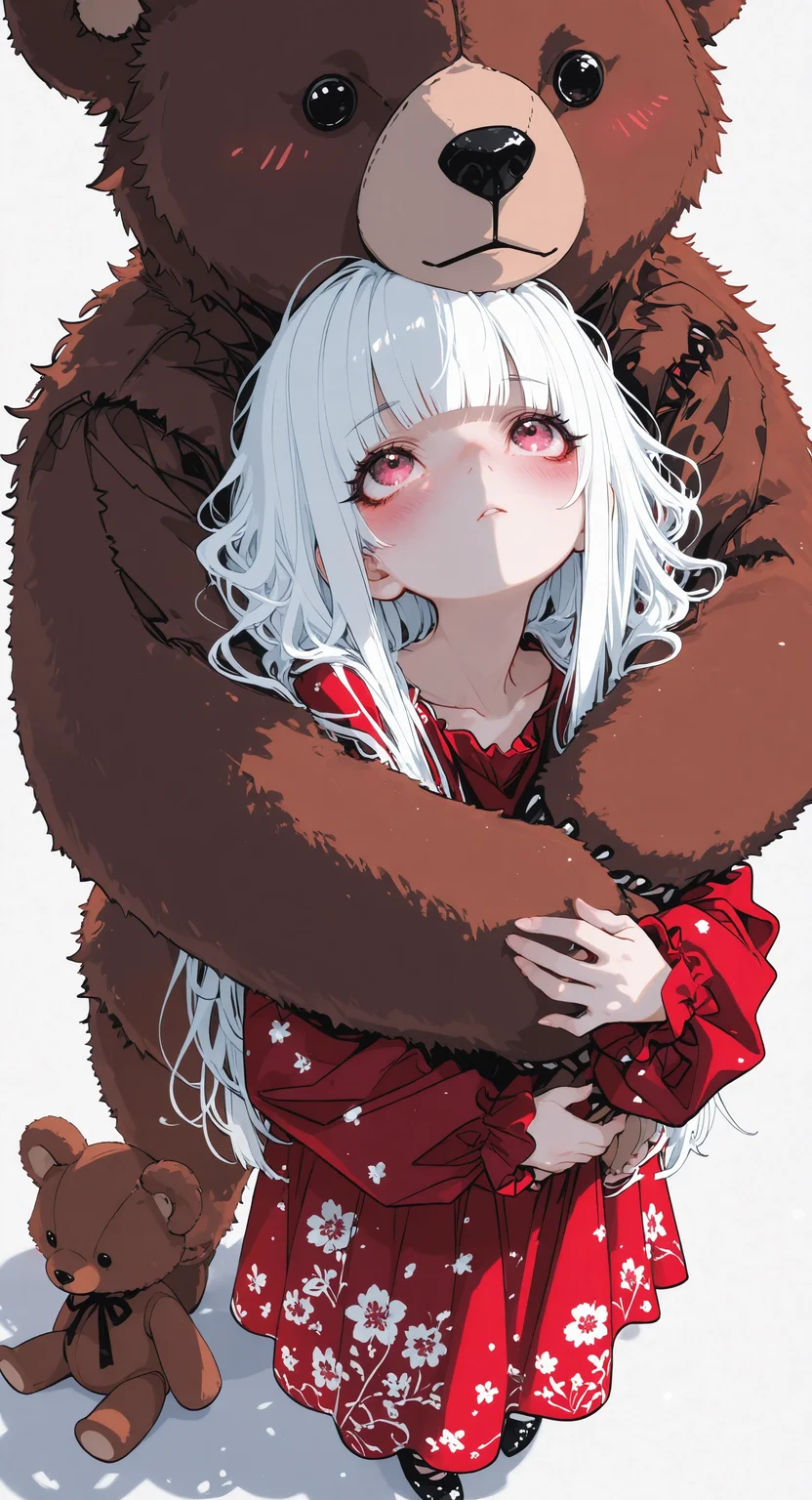 masterpiece, best quality, amazing quality, 1girl, solo, blush, long sleeves, dress, white hair, blunt bangs, hug, floral print, red dress, stuffed toy, stuffed animal, looking up, teddy bear, hug from behind, print dress, bear <lora:noobai_ep11_stabilizer_v0.138_fp16:0.3> <lora:ppw_v7_noobVv1.0:0.5> <lora:XXX667:0.5> <lora:lpc_v10:0.4> <lora:CrypticHue:1>