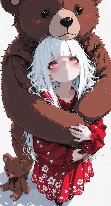masterpiece, best quality, amazing quality, 1girl, solo, blush, long sleeves, dress, white hair, blunt bangs, hug, floral print, red dress, stuffed toy, stuffed animal, looking up, teddy bear, hug from behind, print dress, bear <lora:noobai_ep11_stabilizer_v0.138_fp16:0.3> <lora:ppw_v7_noobVv1.0:0.5> <lora:XXX667:0.5> <lora:lpc_v10:0.4> <lora:CrypticHue:1>