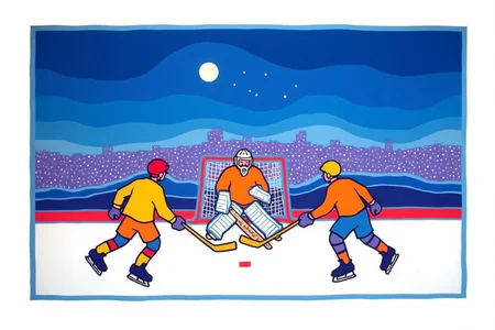 teha1 illustration.
A hockey scene. The background features a night sky with a gradient of blue hues transitioning from dark at the top to lighter shades at the bottom, with white specks representing snowflakes falling. The rink is prominently in the foreground, with a white ice surface and a red line dividing it horizontally. There is a goalender, along with two hockey players holding sticks in front of the goaltender. <lora:teha1_cap_d6a3e11:1.0><lora:827653903463118637:0>
