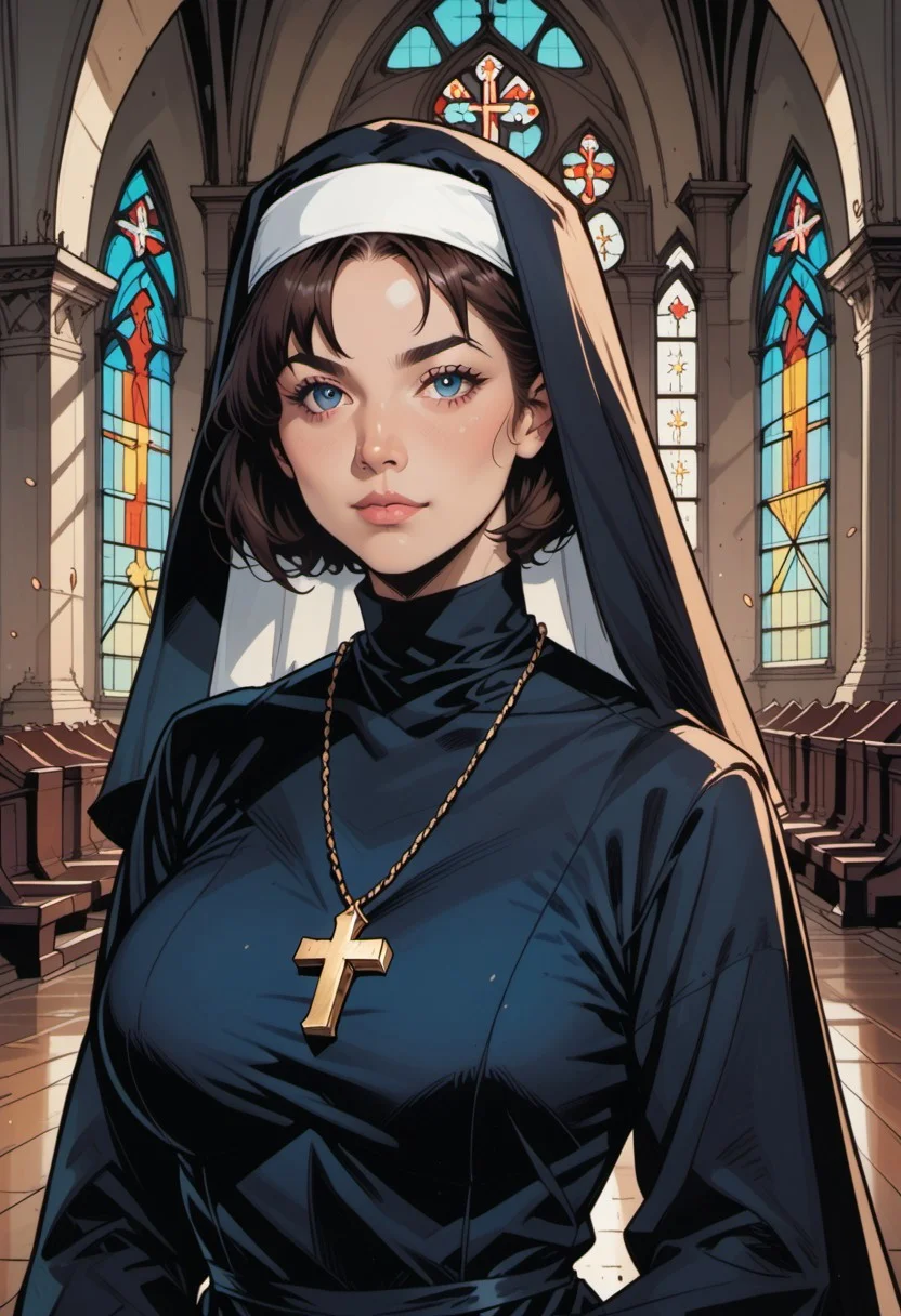 score_9, score_8_up, score_7_up, source_anime, 1woman, mature, human female, human, detailed face, jawline, smooth skin, beige skin, beautiful eyes, blue eyes, brunette, big breasts, bob cut hair, nun, habit, long sleeves, dress, black dress, jewelry, black veil, cross, cross necklace, church,
