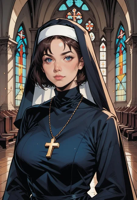 score_9, score_8_up, score_7_up, source_anime, 1woman, mature, human female, human, detailed face, jawline, smooth skin, beige skin, beautiful eyes, blue eyes, brunette, big breasts, bob cut hair, nun, habit, long sleeves, dress, black dress, jewelry, black veil, cross, cross necklace, church,
