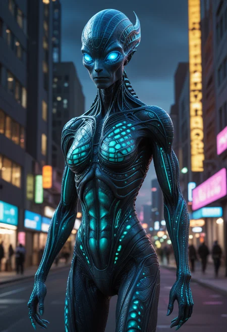 (medium full shot) of (otherworldly alien) with translucent blue scaled skin, bioluminescent patterns, serpentine body , luminous rainbow eyes, flexible glowing antennae, bioluminescent limbs, spines along back, set in a utopian futuristic city, with sleek architecture, clean streets, a sense of harmony, at twilight, Masterpiece,best quality, photo, realistic, very aesthetic, detailed face,