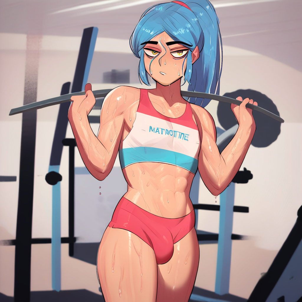 Score_9, Score_8_up, Score_7_up,1boy,Alex,Blue hair,ponytail,yellow eyes,toned body,gym,sweaty,looking at viewer,cowboy shot,,femboy,(masterpiece), best quality, expressive eyes, amazing quality