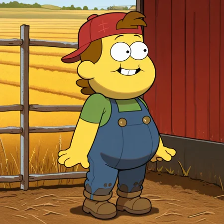 masterpiece, best quality, amazing quality, billgr33n, male, solo, human, young, yellow skin, brown hair, short hair, black eyes, round ears, buck teeth, chubby, short, red cap, backwards cap, green shirt, blue overalls, buttons, brown shoes, standing, smile, outdoors, farm, field