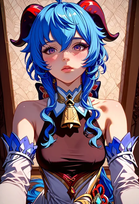 score_9, score_8_up, score_7_up, score_6_up, score_5_up, score_4_up score_9,score_8_up, (anime, masterpiece, intricate:1.3), (best quality, hires textures, high detail:1.2), (4k),(incredibly detailed:1.4), realistic illustration, partially illuminated, GLSHS, 1girl, ganyu, blue hair, long hair, low ponytail, ahoge, horns, bare shoulders, black pantyhose, detached sleeves, dress, gloves, embarrassed expression, blushing, cosplay, selfie, camera pov, above view, pale skin, indoors, close up, nsfw, posing, unique angle,
