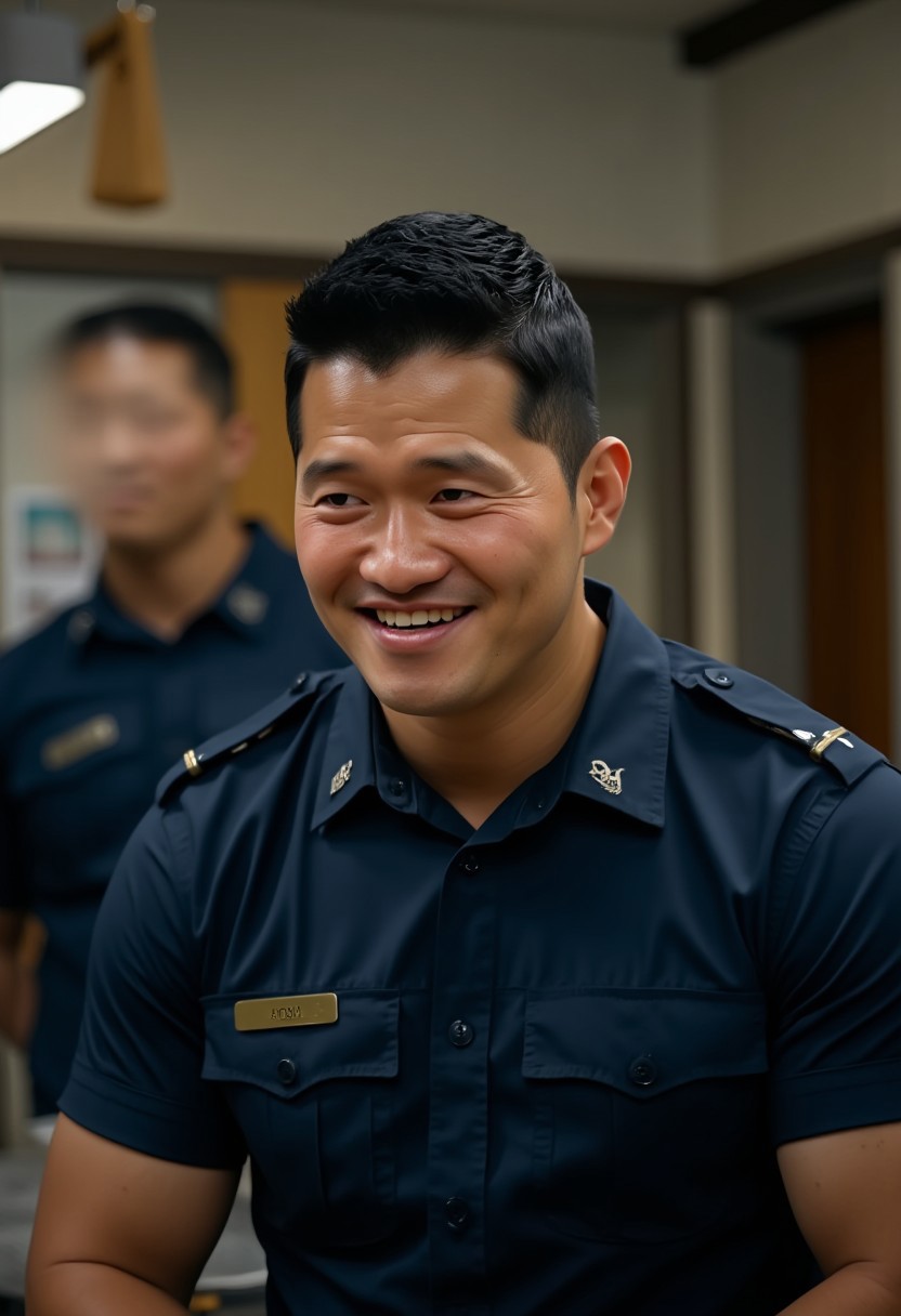 (((The man's face is htkangface and moaning))), (((solo))),  daddy, natural face expression, Photorealistic, realistic, masterpiece, intricate details, detailed background, depth of field, photo of a handsome, dynamic pose, natural face expression, high detail, high quality, Movie Still, Film Still, Cinematic, Cinematic Shot, Cinematic Lighting, ring, (((pectoral))), (((virility))),  4k, highly detailed . 35mm photograph, film, masterpiece, 4k,professional, 4k, highly detailed,  ((big remarkable nipples)), (((covered nipples))), ((huge nipples)),(((sweaty))),  (((the man is watching himself through 
the mirror in the office))),   (((the man is wearing dark blue police uniform)),  sweaty