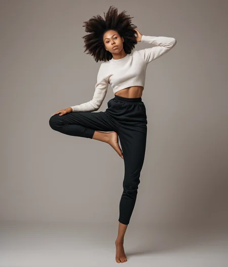 full length scandinavian black young woman in strange pose. best face, best hands, <lora:strange_poses:1.2>