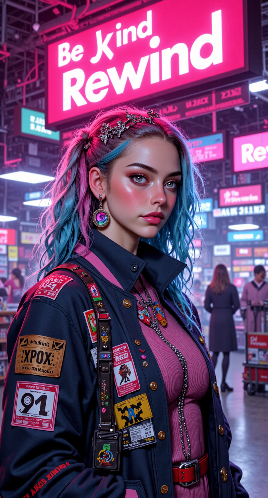 Waist-up shot of a photorealistic woman standing under a glowing "Be Kind, Rewind" sign in a dreamlike video store maze. She's in a varsity jacket covered in cartoon patches, cassette-tape earrings, and a Walkman strapped to her arm like tech armor. Hair dyed in chunks of pastel blue and hot pink, parted with a butterfly clip crown.

real skin, photorealistic lighting, pastelpunk retrocore, nostalgic dream mallscape, analog tech charm, color-block fashion, radiant expression





fmlas-mk.1, mythp0rt,