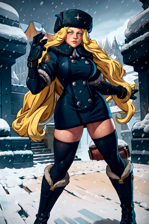masterpiece,best quality,extreme detail,8k,<lora:Kolin:0.8>,kolinsf5,1girl,solo,long hair,breasts,looking at viewer,blue eyes,blonde hair,thighhighs,gloves,hat,dress,boots,black thighhighs,zettai ryouiki,fur trim,buttons,short dress,knee boots,snow,snowing,blue gloves,fur hat,ushanka,