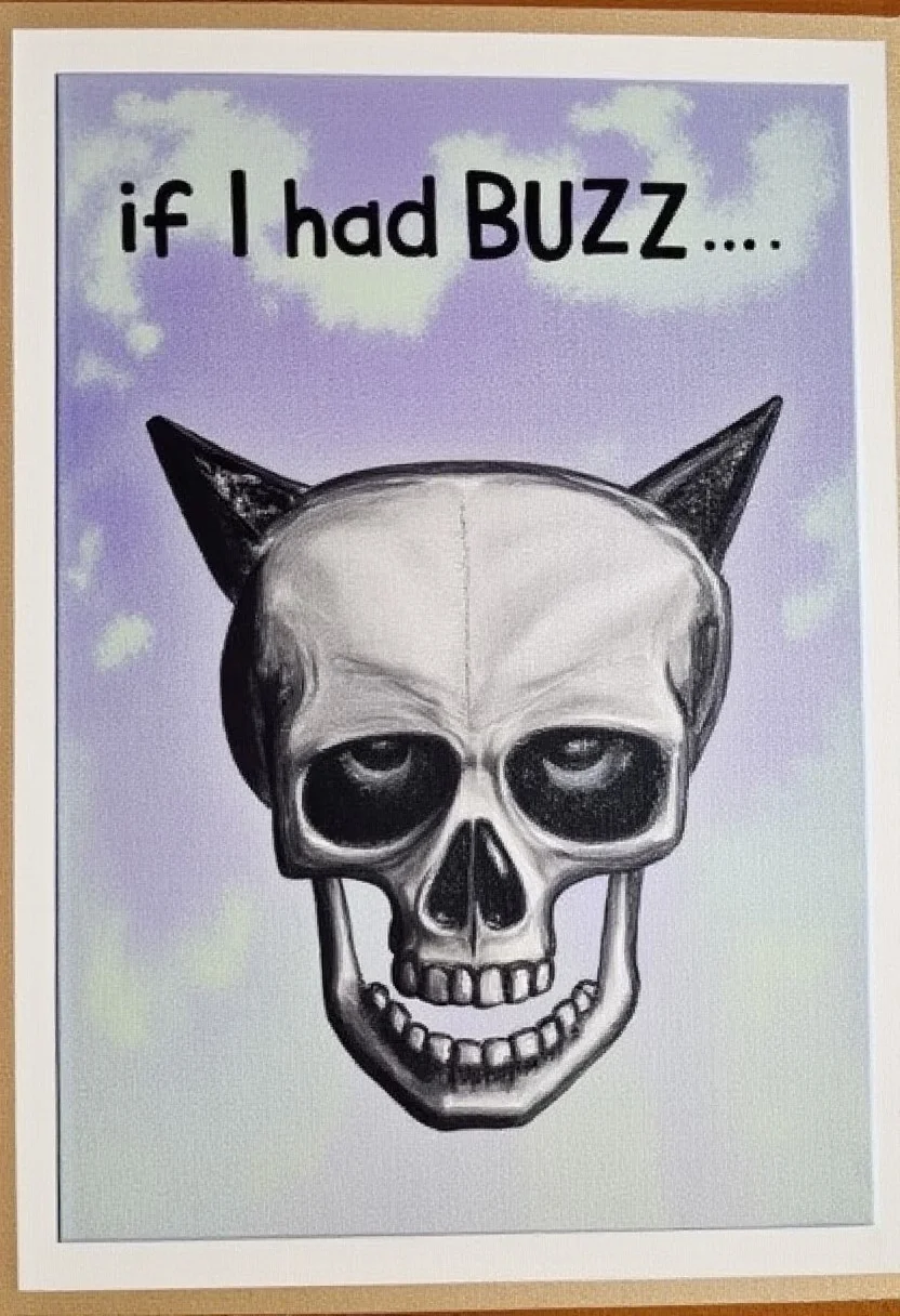 painting of a skull of ART BRUT CAT and the clear black title of "if I had BUZZ...".
surreal style, aesthetic work, cloud background, taped border