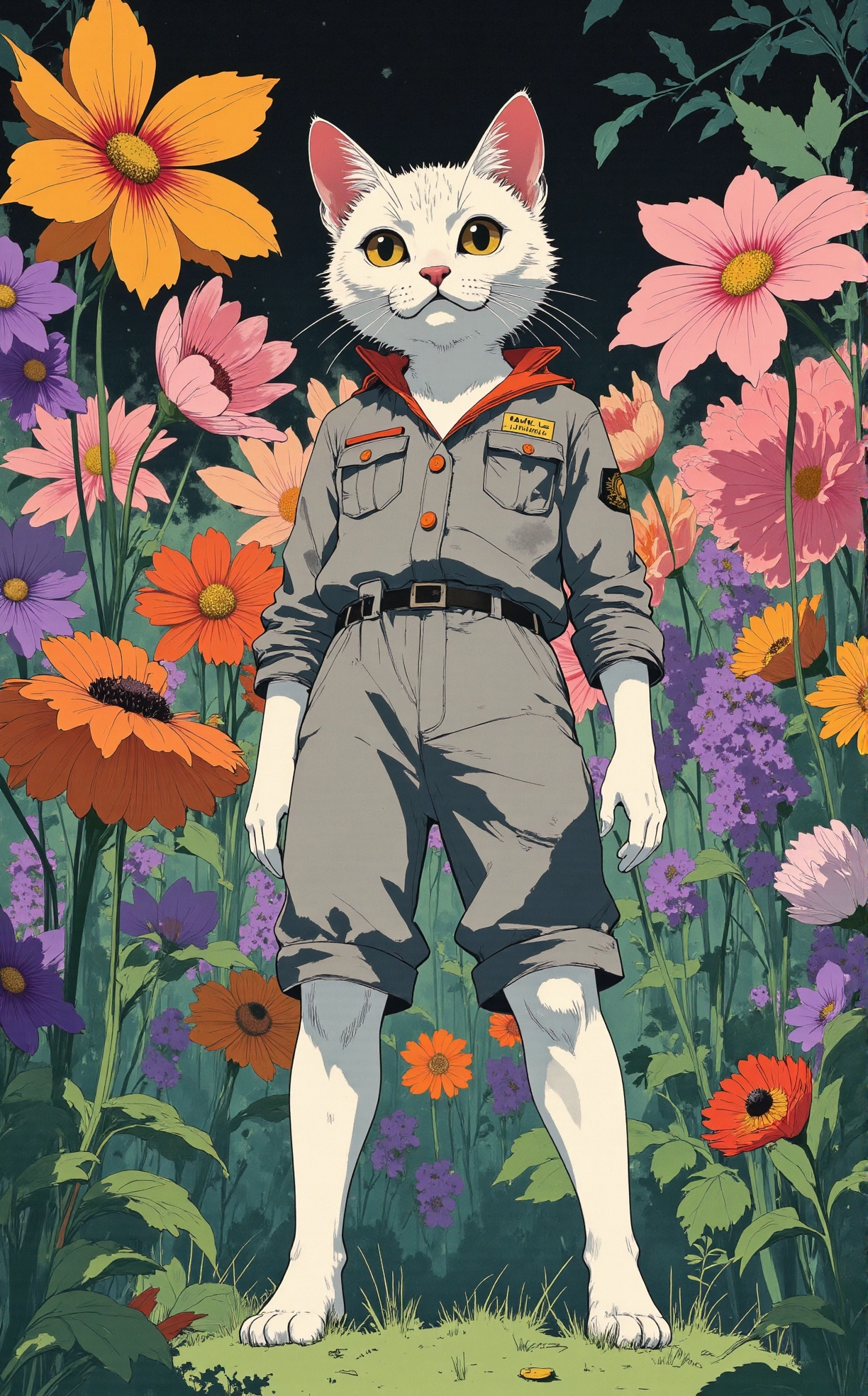 off-center composition, dynamic left aligned composition, The image is a digital illustration of a white cat standing in the middle of a field of colorful flowers. The cat is wearing a gray jumpsuit with orange buttons and a red collar. The jumpsuit has two pockets on the front and two on the back. It has two white paws on either side of the cat's feet. The background is filled with a variety of flowers in different colors, including pink, orange, purple, and green. The flowers are arranged in a symmetrical pattern, with some overlapping each other. The overall style of the illustration is whimsical and playful., dark and dim light, anime artwork comic anime art by Eiichiro Oda, dark art by Jeff Legg, , contemporary realism, still life, luminous, delicate, One Piece, adventure, humor, intricate world-building . graphic illustration, comic art, graphic novel art, vibrant, highly detailed . anime style, key visual, vibrant, studio anime, highly detailed