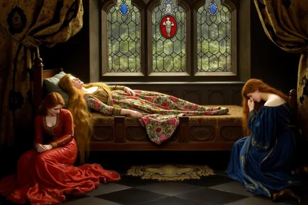 johncollier1 painting.
Three young women are in a richly decorated room. A blonde woman lies on a bed in a floral gown, her long blonde hair cascading down. On the left, a red-haired woman sits on the floor in a red gown with clasped hands. On the right, a woman, her back to the viewer, kneels nearby in a blue gown, head bowed. Light filters through three stained-glass windows. <lora:johncollier1_cap_d8a4e12:1.0><lora:850610593839751274:0>