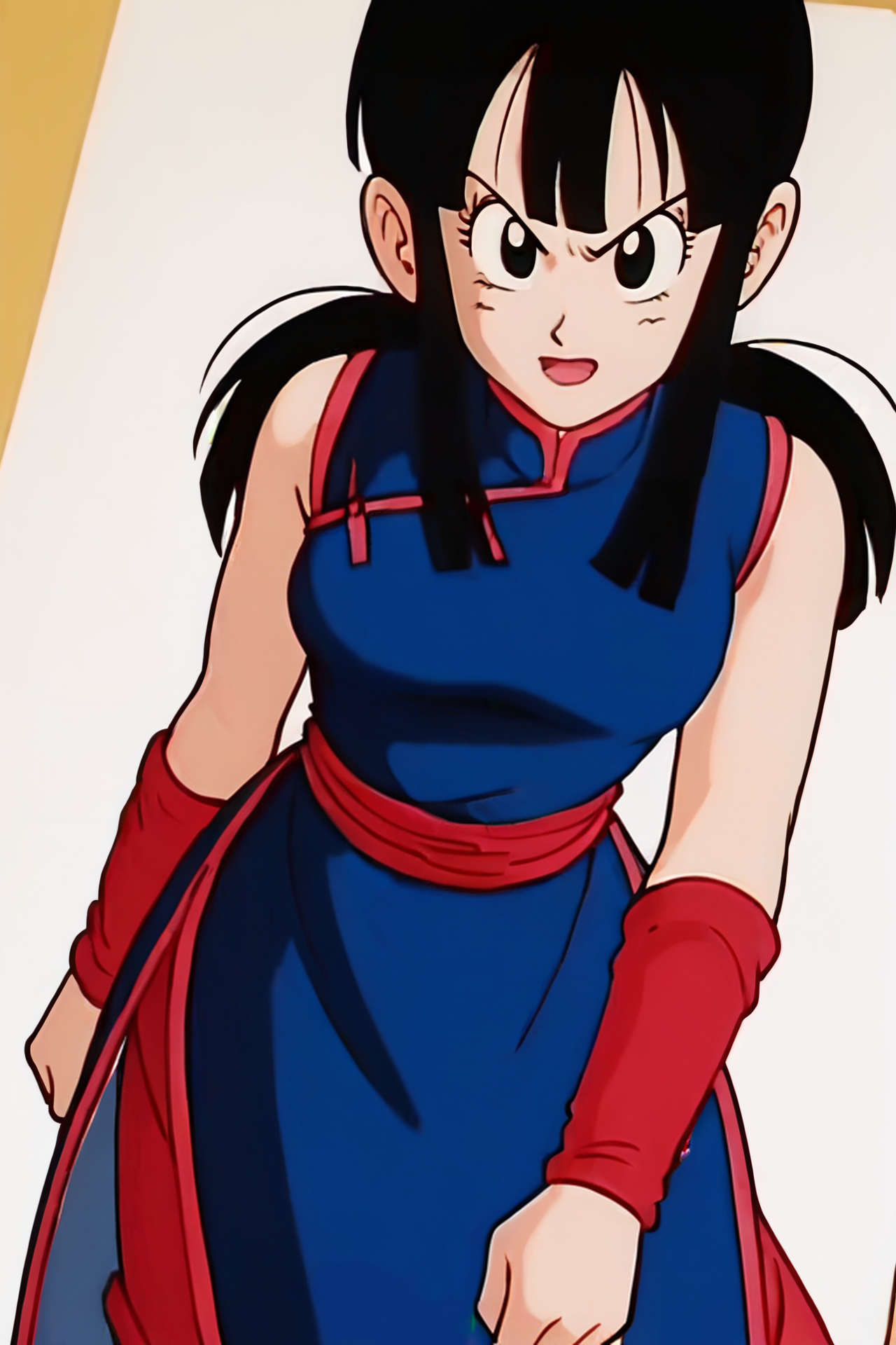 source_anime, score_9, score_8_up, score_7_up, anime screencap,8k, absurdres, 
chi-chi, long hair, bangs, hair down,  black hair, black eyes,
blue dress, red pants, sleeveless dress, chinese clothes, red wristband, china dress, red sash,
cowboy shot, 
 <lora:chichi_pony_v1:0.8>