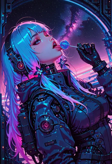 <lora:ck-nc-cyberpunk-IL-000011:1>,  masterpiece, best quality, good quality, very aesthetic, absurdres, newest, 8K, depth of field, focused subject, 1girl, science-fiction, floating, space, licking, lollipop, sexy space suit, stars, nebula, galaxy, swirl, neon hair, long hair,
 in the style of cknc
 <lora:MoriiMee_Gothic_Niji_Style_Illustrious_r1:1>