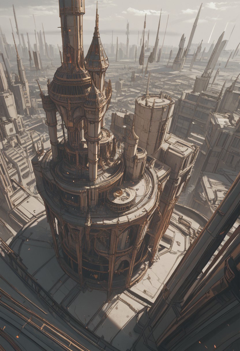 lazyup, albrecht, murmur, science fiction, gold, building, megastructure, towers, spires, above clouds