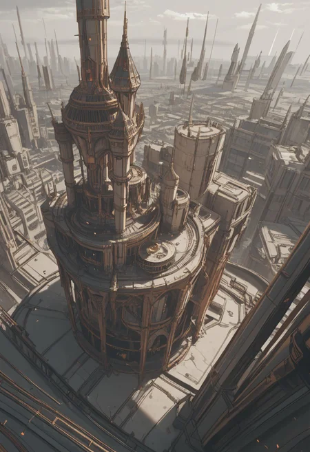 lazyup, albrecht, murmur, science fiction, gold, building, megastructure, towers, spires, above clouds