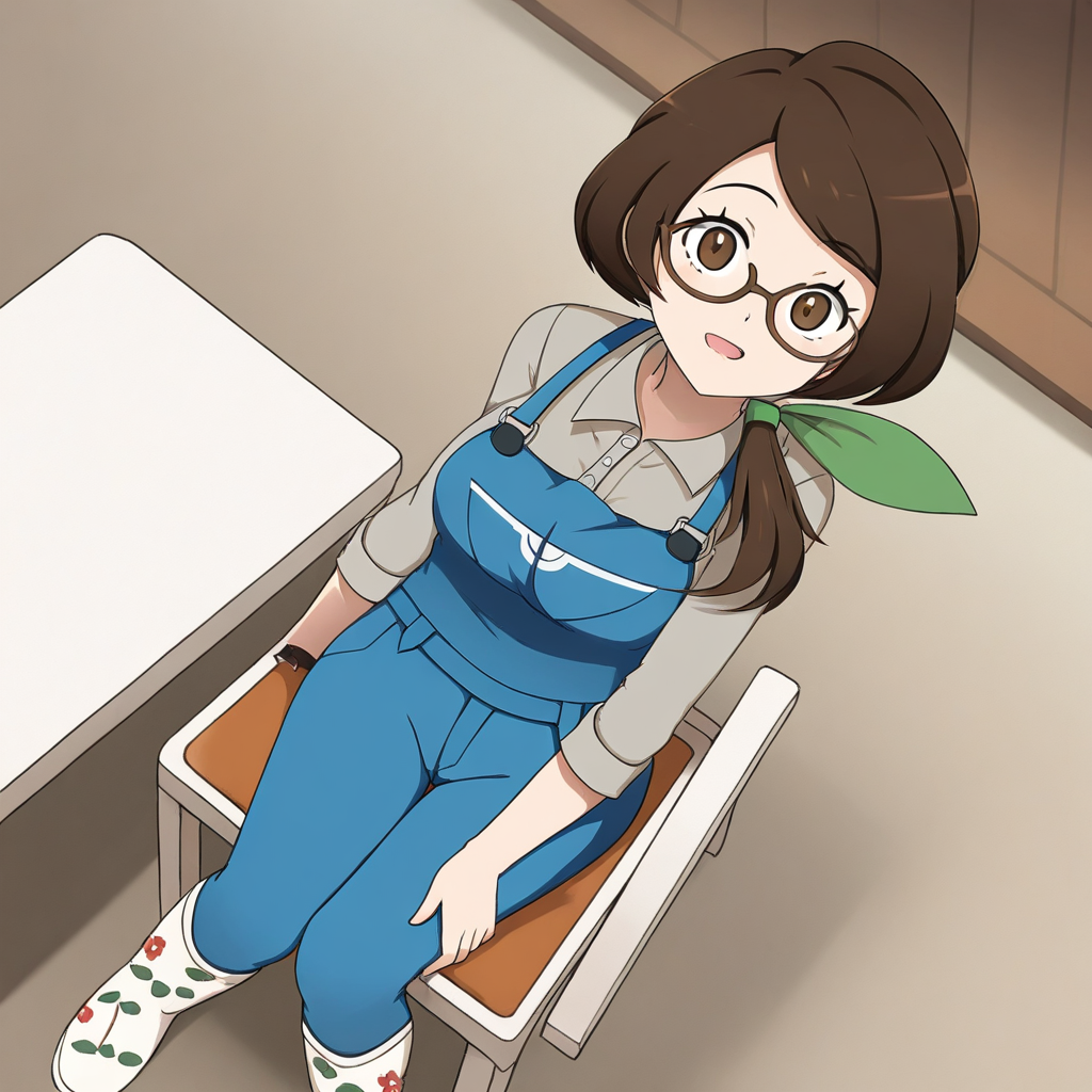 2d, masterpiece, best quality, amazing quality, highres, absurdres, newest, 1girl, solo, sitting, on chair, wooden chair, from above, dutch angle, looking at viewer, medium breasts, mature female, galarmom, brown eyes, brown hair, long hair, low ponytail, hair ribbon, green ribbon, glasses, brown-framed eyewear, collared shirt, grey shirt, three-quarter sleeves, sleeves rolled up, blue overalls, blue pants, boots, camellia print, white footwear