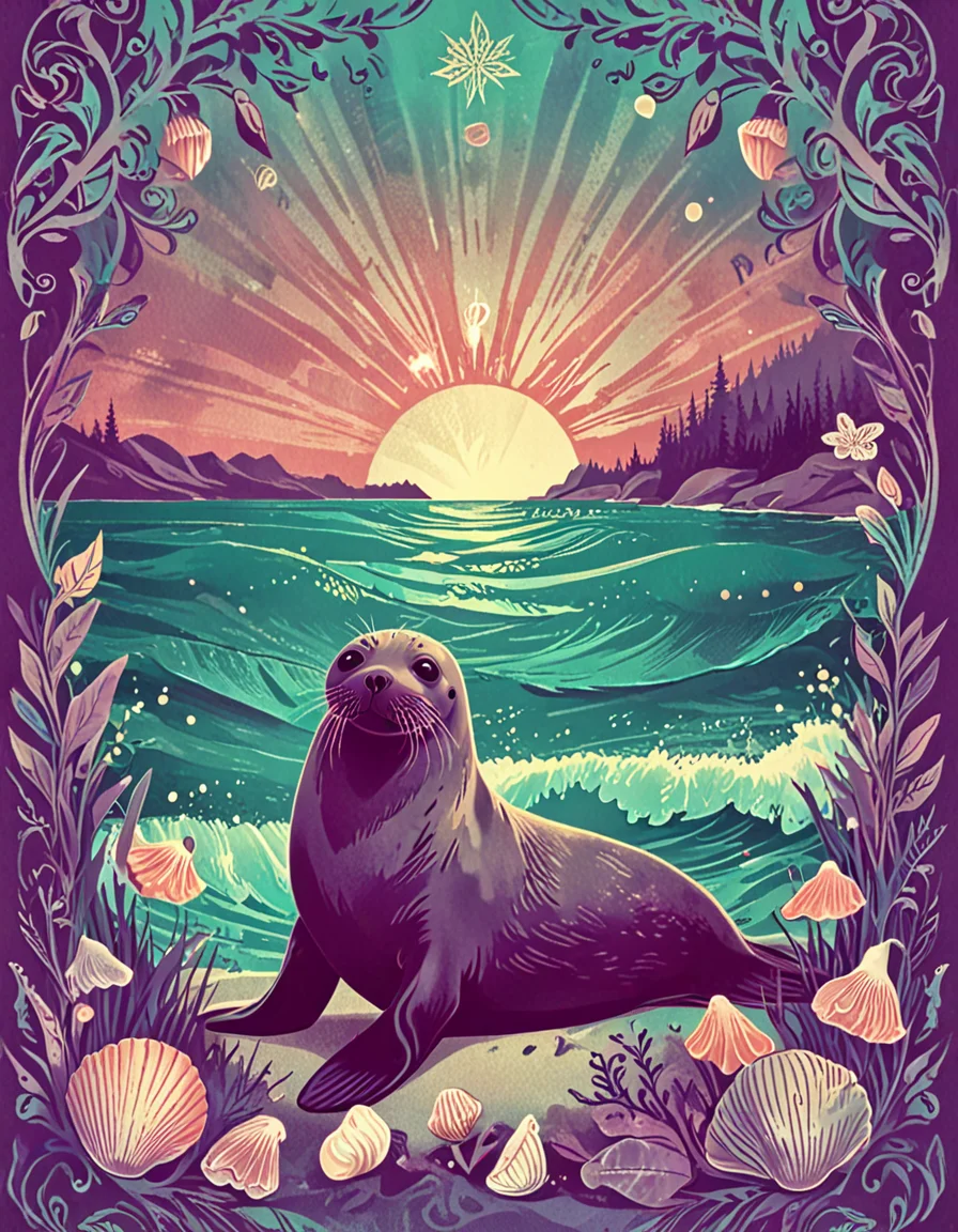 seal by the shore with seashells novuschroma15 style <lora:novuschroma15 style:0.9> <lora:sdxl_lightning_8step_lora:1>