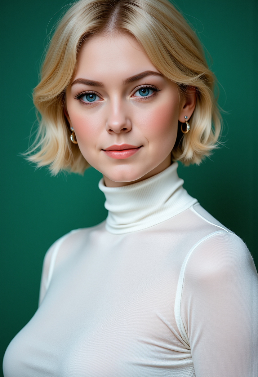 Headshots,masterpiece, a beautiful woman,Hyperrealistic, she is smiling, dynamic angles, multiple angles, photoshoot poses; A photo of Imogen_RL_Starpery, a woman with short blonde hair, she has massive breasts, a beautiful girl,she is wearing a white turtleneck sweater.she has massive breasts, she has piercing eyes. a dynamic pose and a sense of action. simple green background, and the lighting is soft, creating a dramatic effect, creating a focused and dynamic pose.; the scene is set in a beautiful well-lit environment, with a sense of action and adventure. Style: realistic hyper-detailed rendering, 32k UHD, expressive eyes, punk, graphic design, girl's face, pretty and cute, gleaming lips, telling a tale of adventure. Exuding confidence and serenity. The overall mood of the image is happy and relaxed, detailed skin texture,(blush:0.2),(goosebumps:0.3), subsurface scattering,with a playful and whimsical tone,perfect hand, hand, detailed hand,niji style,retro50s_style,