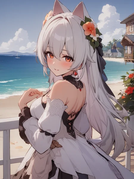 masterpiece,best quality,solo,safe,1girl,Lifetime Together,beachside, cozy cottage, sand, seashells, white picket fence, inviting, homey, ocean view,<lora:mki-a31-crimson_love_new_clothe-v3-000065:1>,