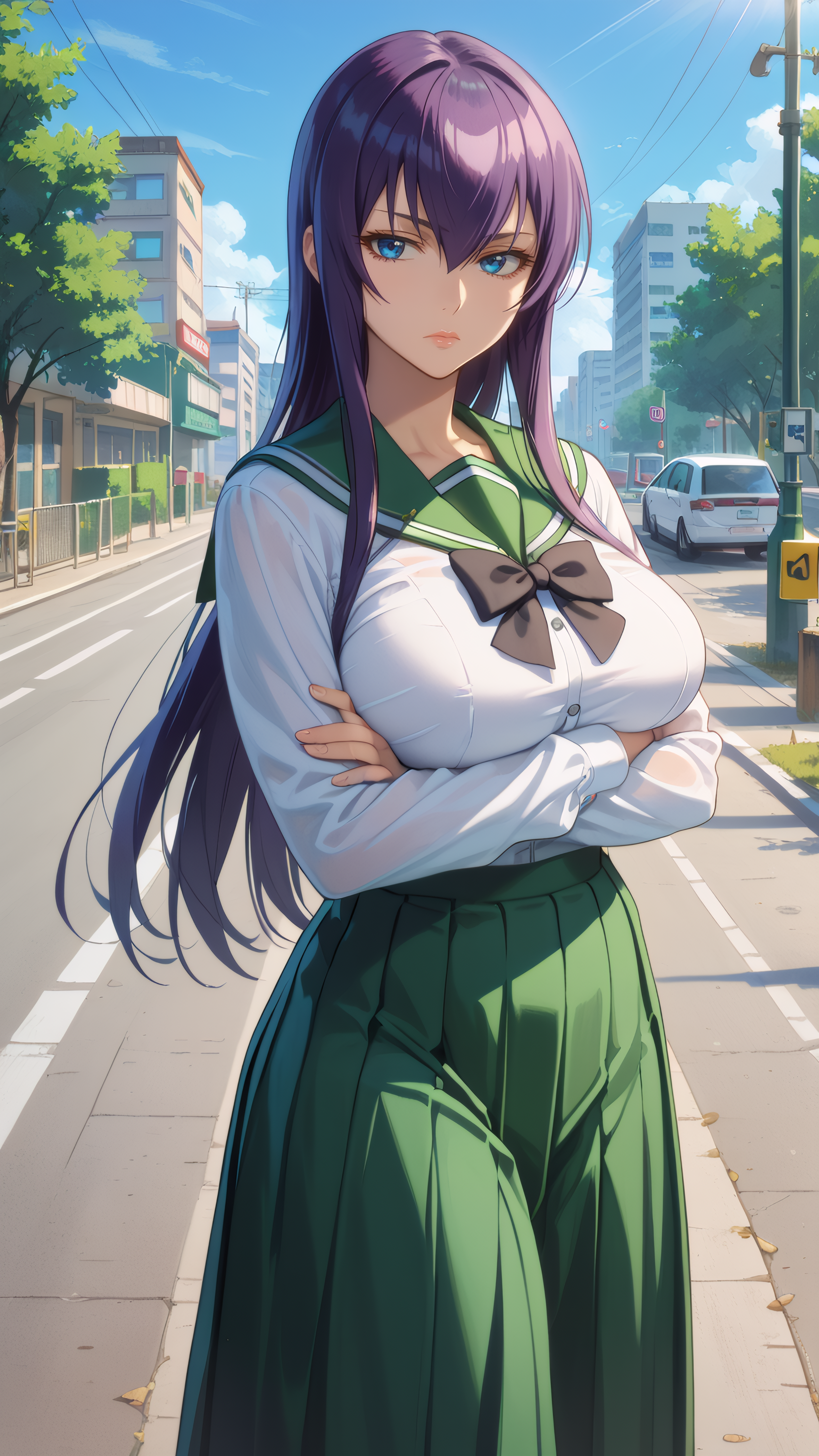 score_9, score_8_up, score_7_up, 1girl, looking at viewer, cowboy shot, 
<lora:Saeko_Busujima_Dwnsty_r1:0.8>, saeko_busujima, purple hair,  blue eyes, long hair, hair between eyes, school uniform, serafuku, green skirt, long skirt, pleated skirt, black bowtie,
lips, expressionless, large breasts, skindentation,  mature female, crossed arms, 
outdoors, street, sunlight, blue sky, highway,
